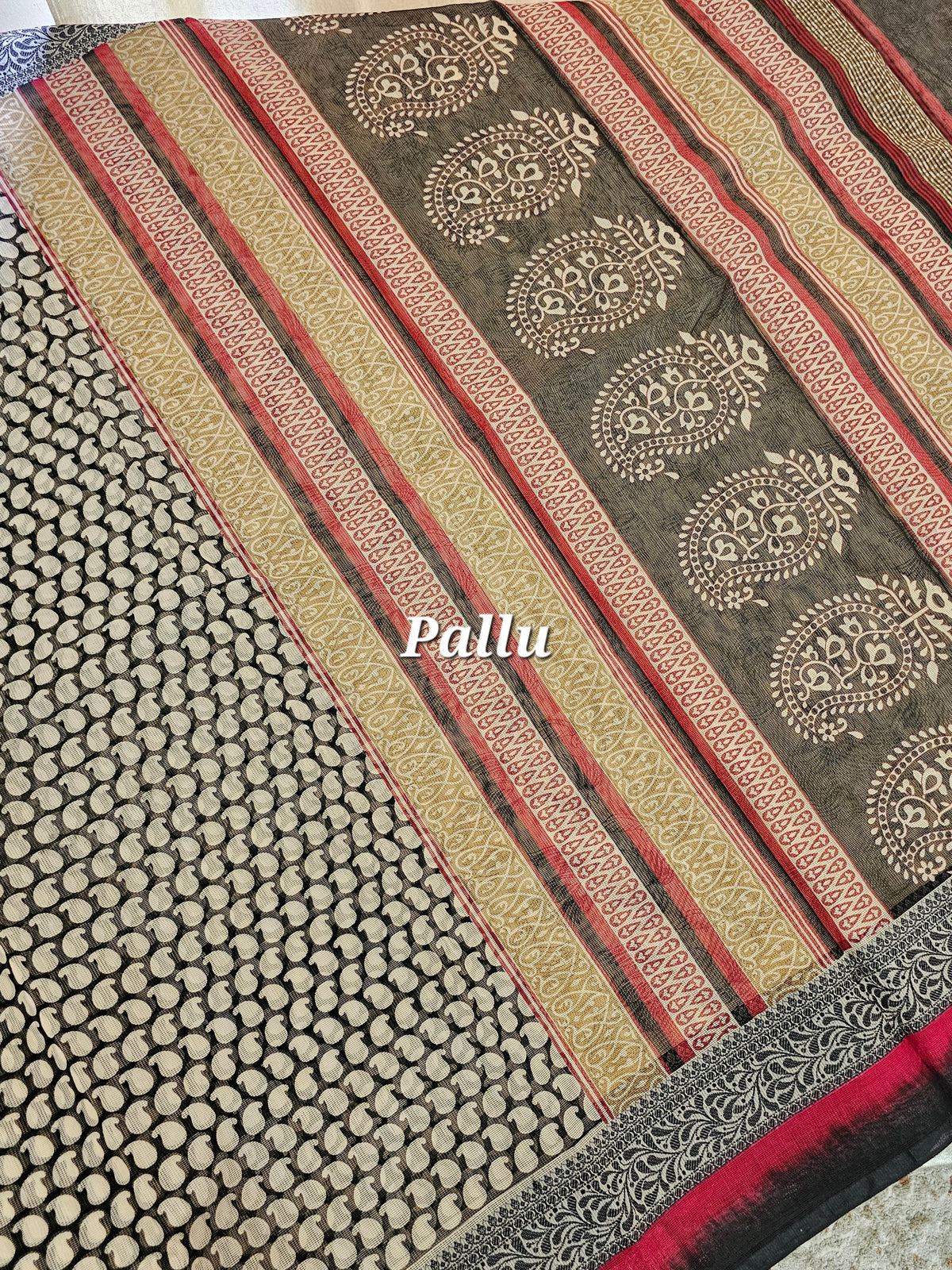 Premium Super Net Kota Saree - Cream with Black