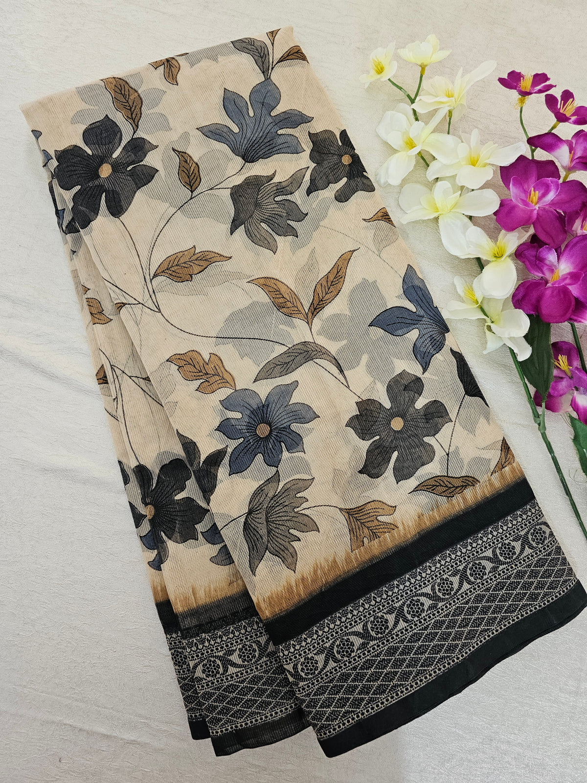 Premium Super Net Kota Saree - Cream with Black