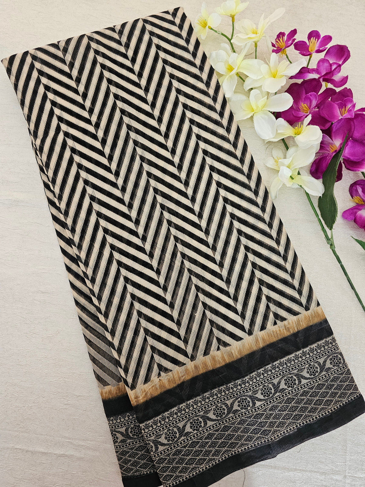 Premium Super Net Kota Saree - Cream with Black