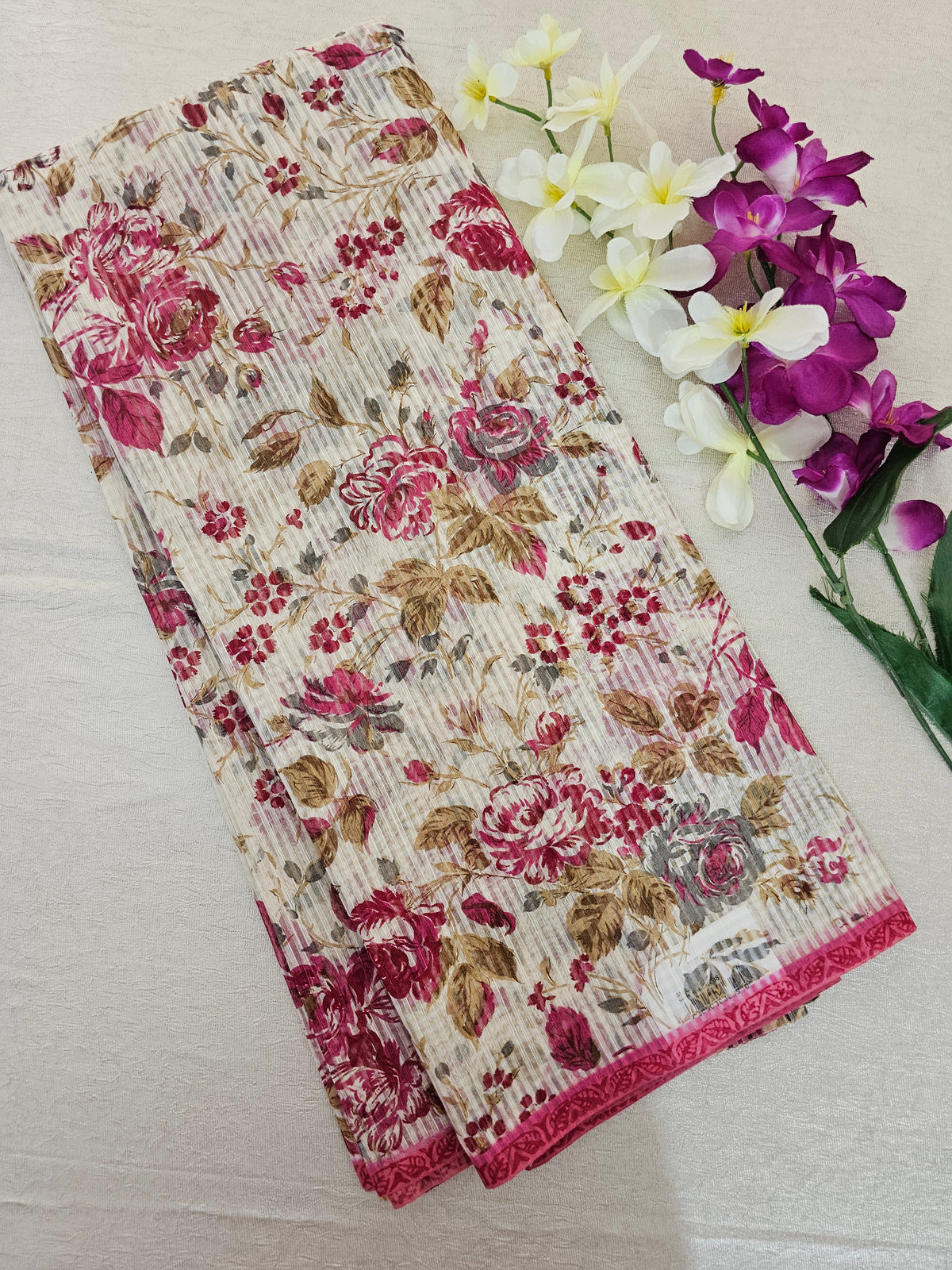 Premium Super Net Kota Saree - Off-white Floral