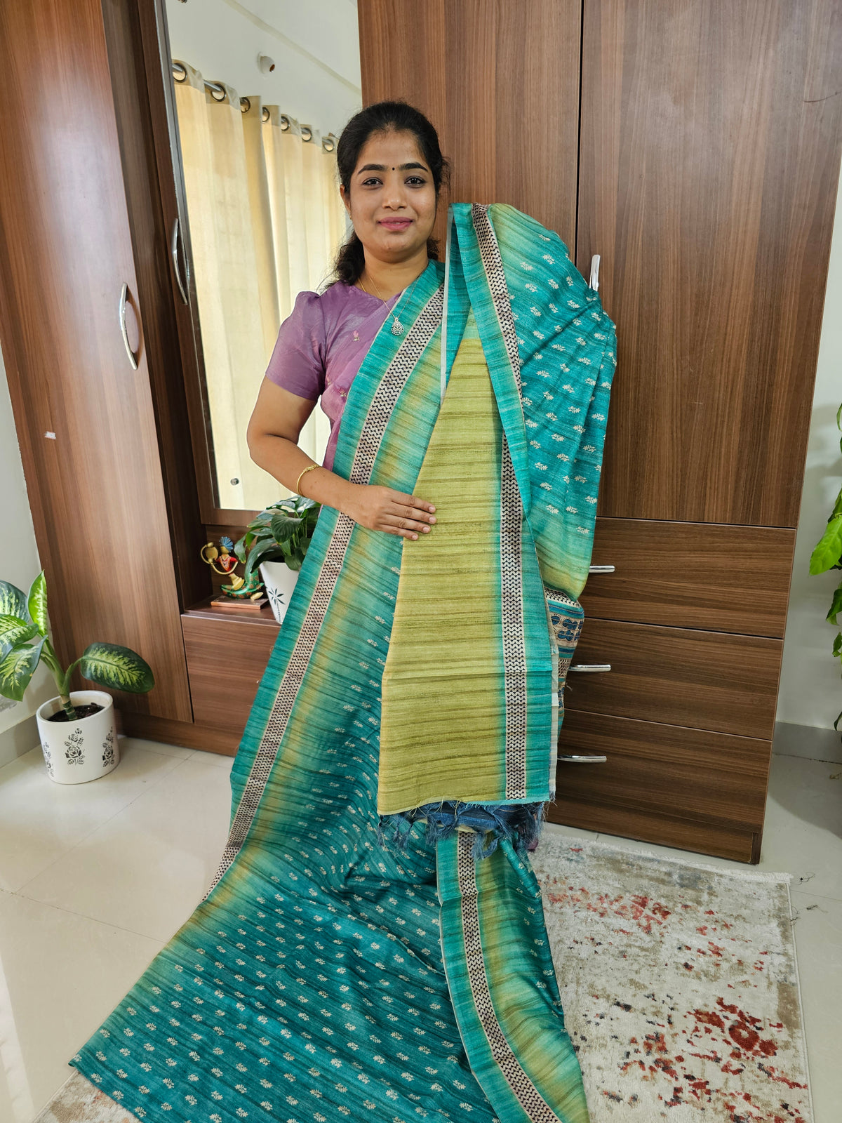 Semi Tussar with Digital Printed Saree - Dark Sea Green with Lime