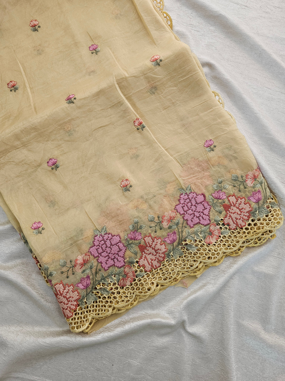 Premium Crushed Designer Soft Saree with Cut Work Emboridery -  Yellow