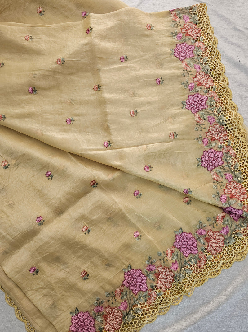 Premium Crushed Designer Soft Saree with Cut Work Emboridery -  Yellow