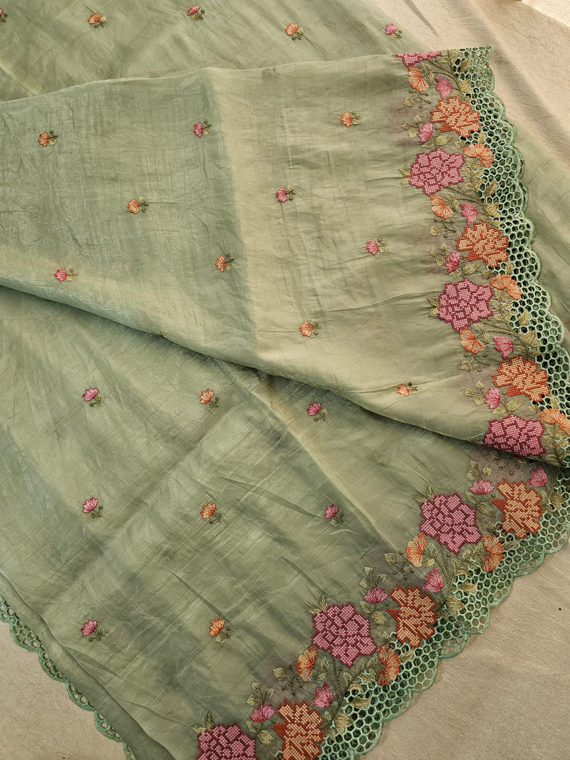 Premium Crushed Designer Soft Saree with Cut Work Emboridery -  Green