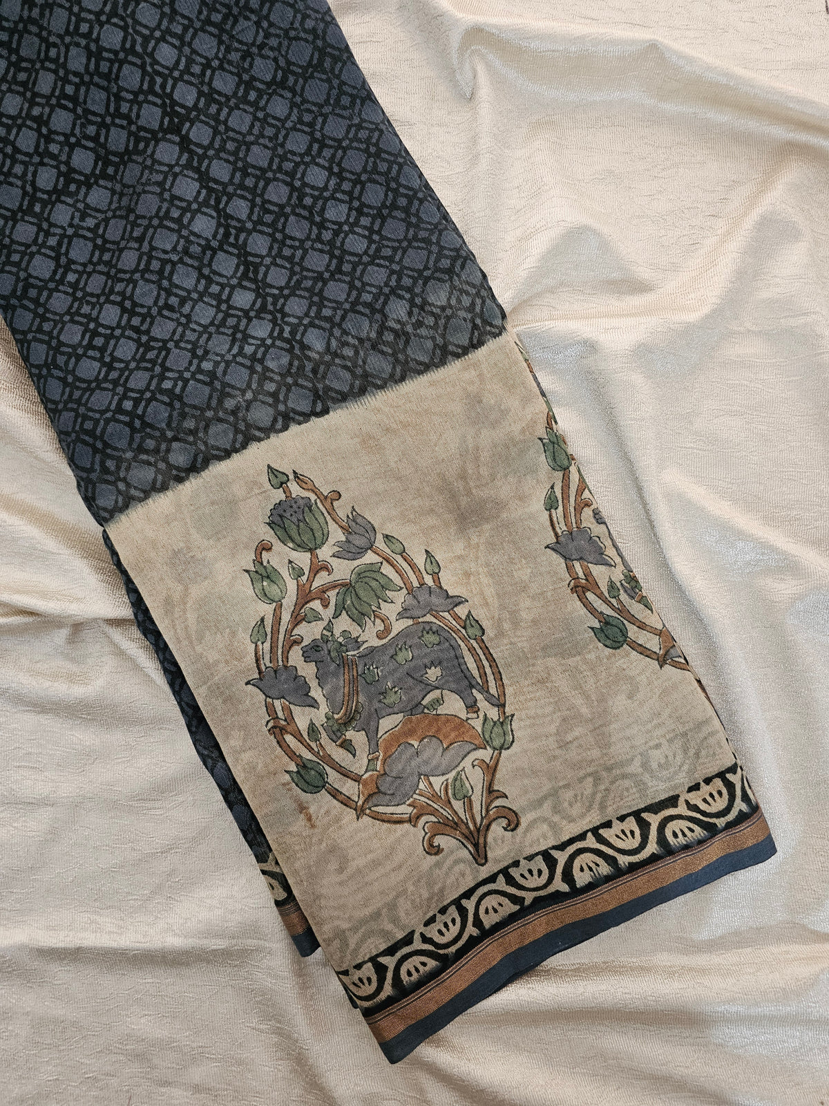 Pure Chanderi Butter Silk - Grey with Cream