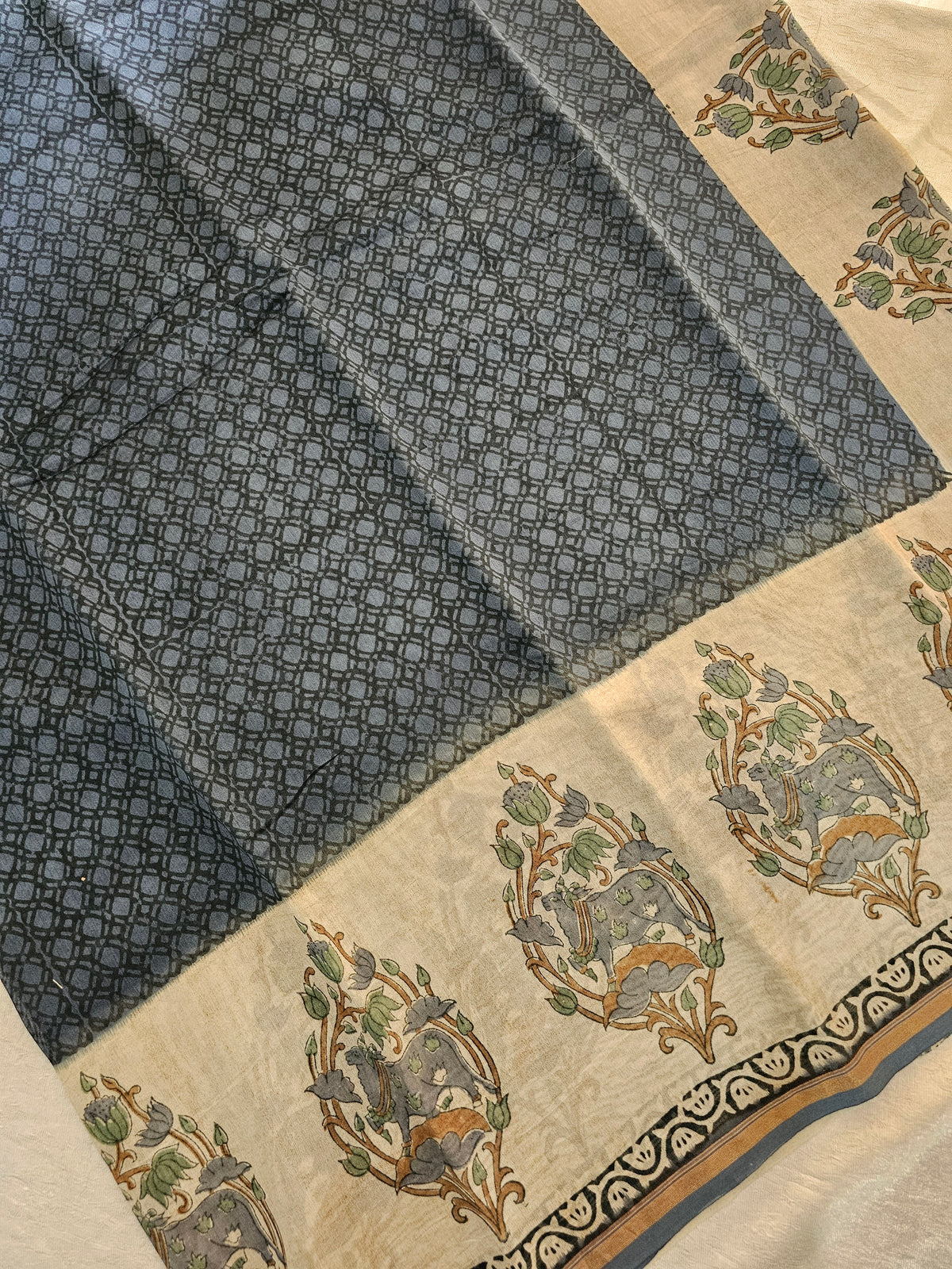 Pure Chanderi Butter Silk - Grey with Cream