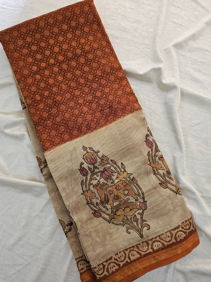 Pure Chanderi Butter Silk - Brown with Beige