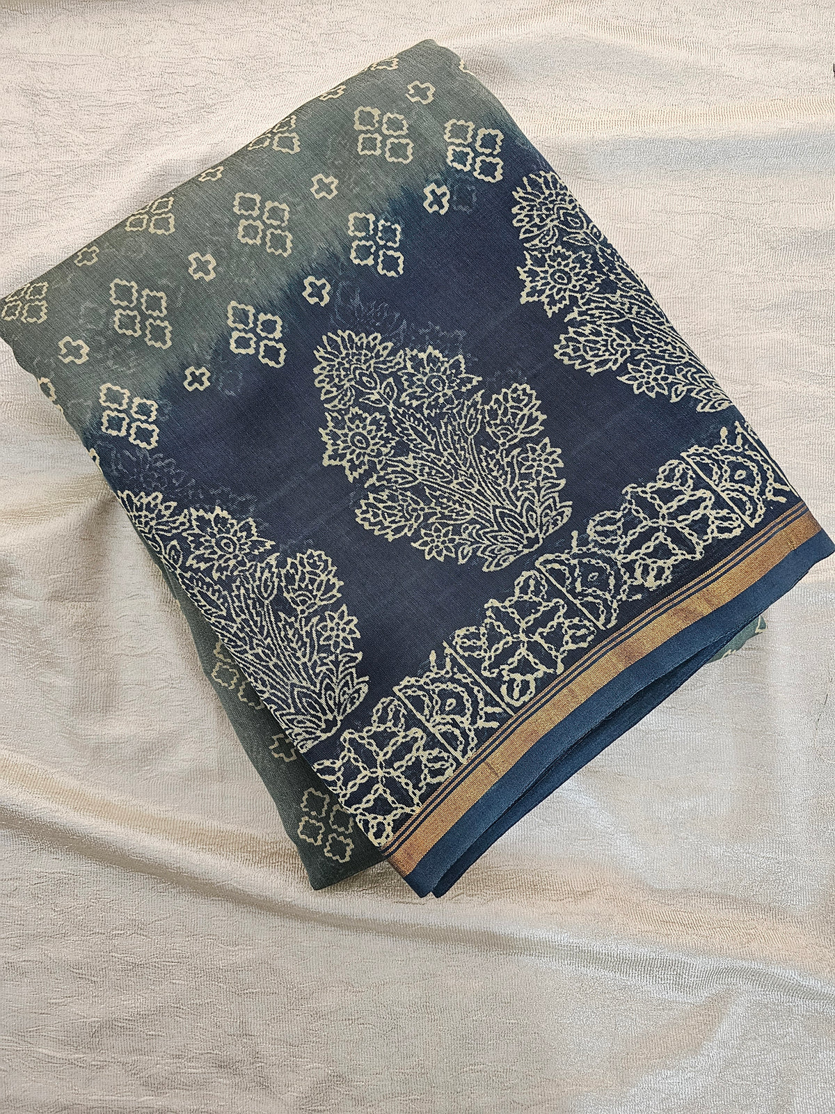 Pure Chanderi Butter Silk - Grey with Blue