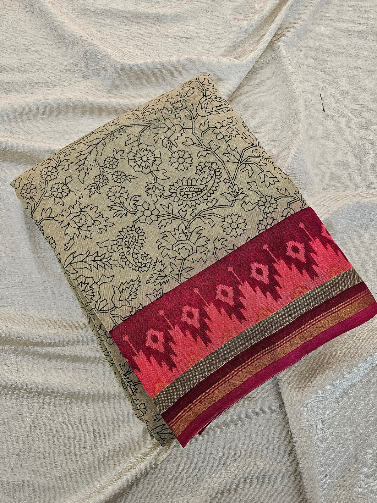 Pure Chanderi Butter Silk - Beige with Pink