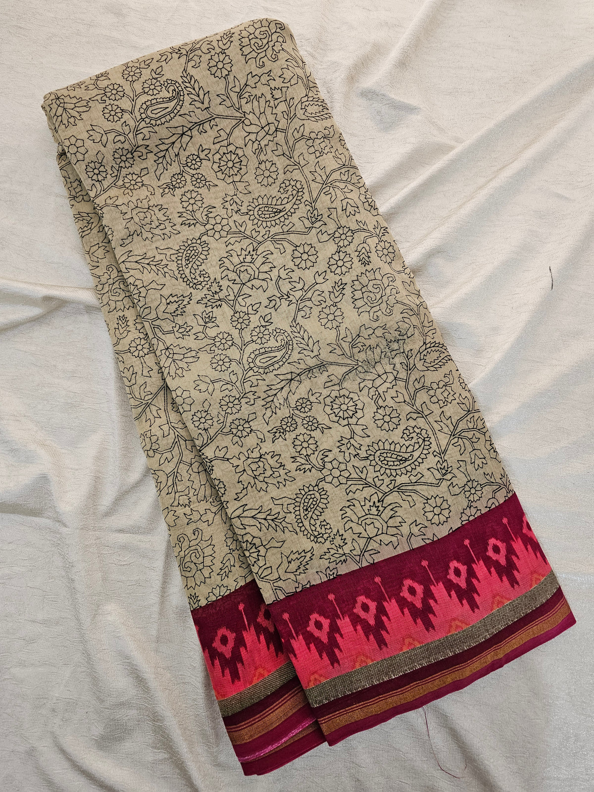 Pure Chanderi Butter Silk - Beige with Pink