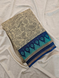 Pure Chanderi Butter Silk - Beige with Peacock Blue