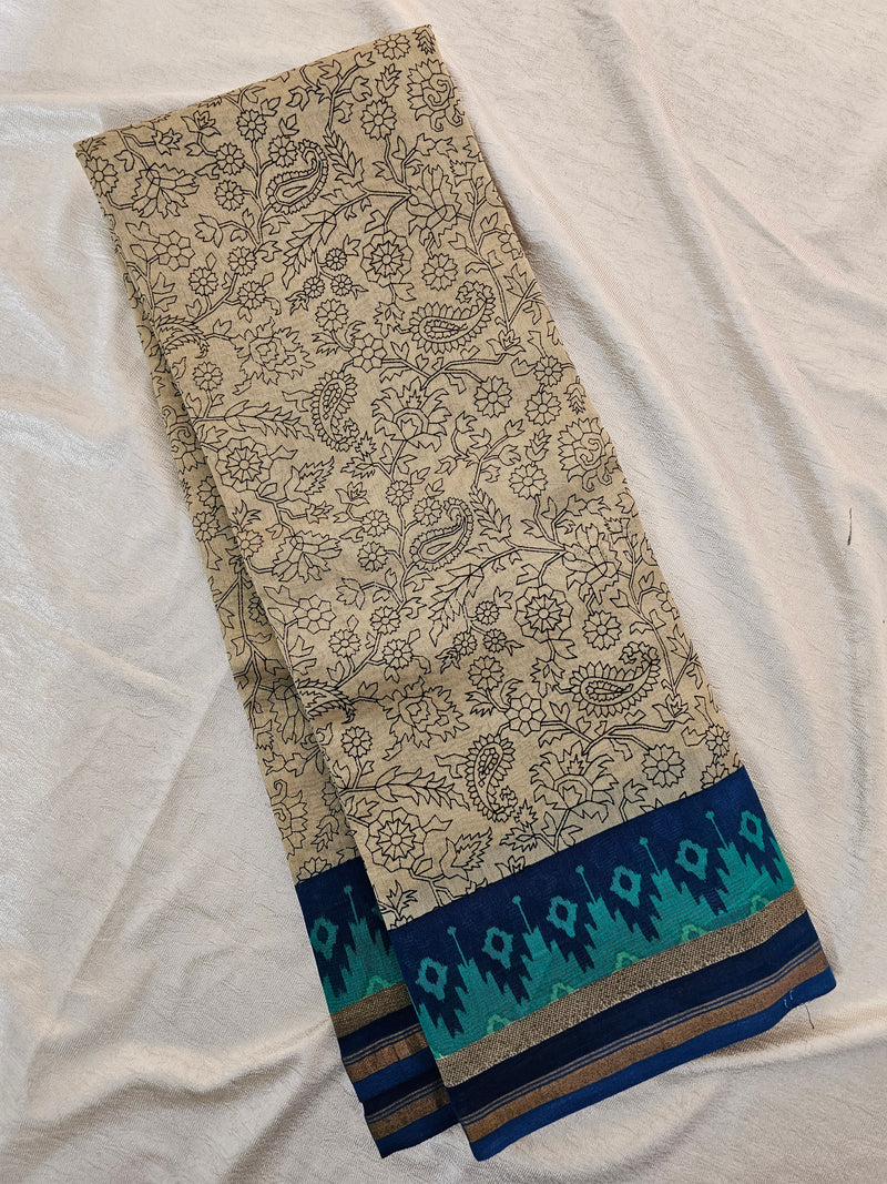 Pure Chanderi Butter Silk - Beige with Peacock Blue