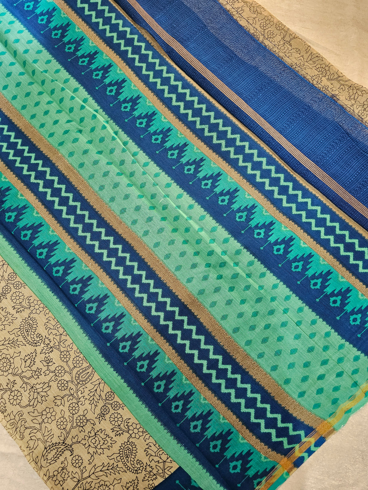 Pure Chanderi Butter Silk - Beige with Peacock Blue