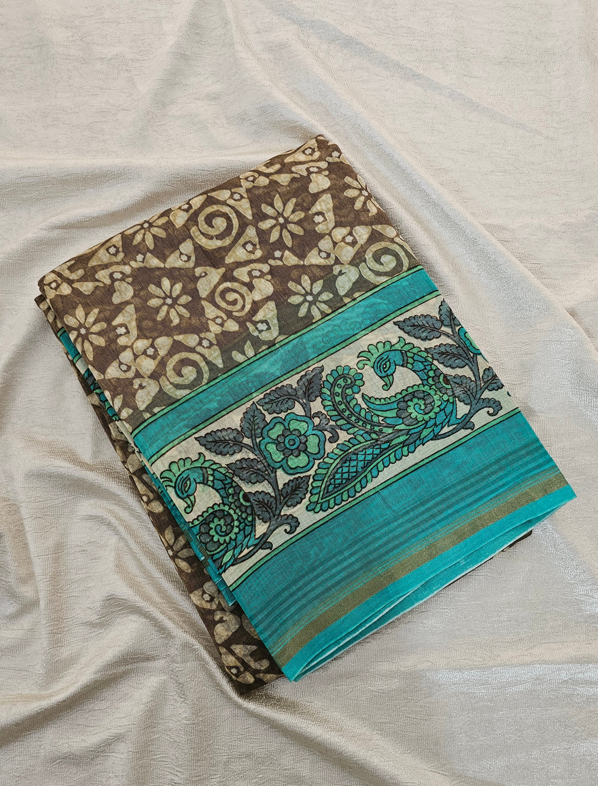 Pure Chanderi Butter Silk - Dark Beige with Sea Green