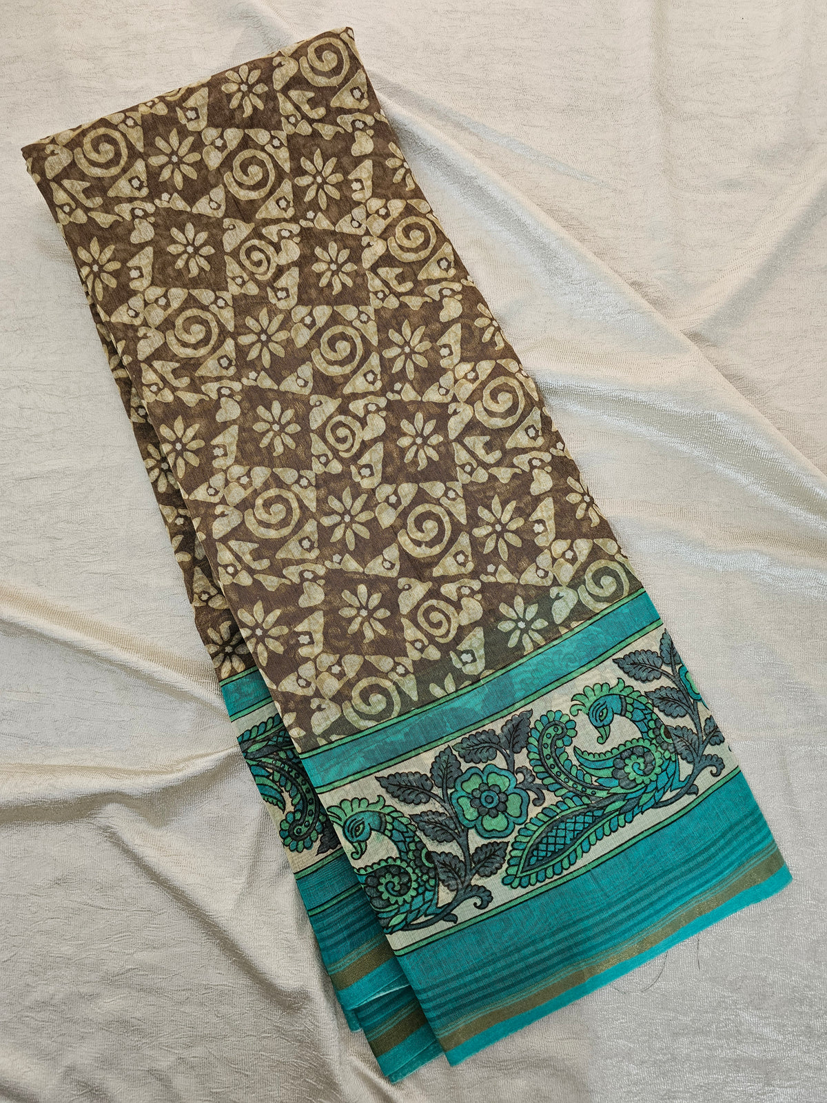 Pure Chanderi Butter Silk - Dark Beige with Sea Green