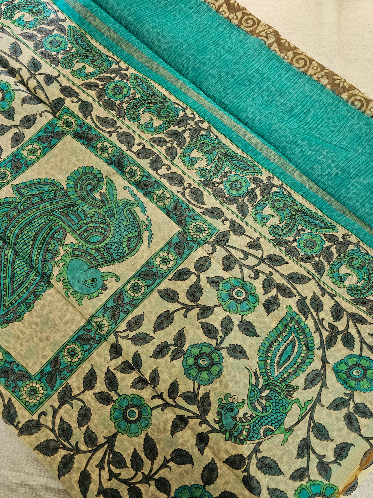 Pure Chanderi Butter Silk - Dark Beige with Sea Green