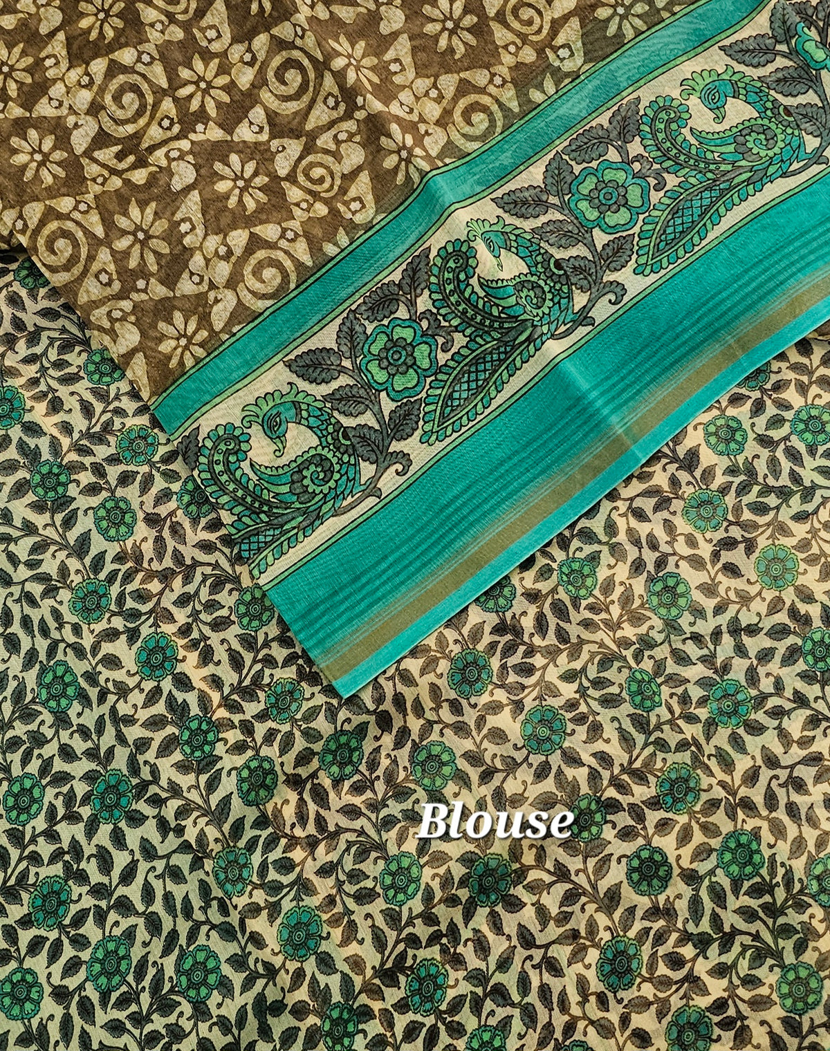 Pure Chanderi Butter Silk - Dark Beige with Sea Green