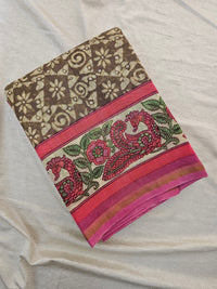 Pure Chanderi Butter Silk - Dark Beige with Pink