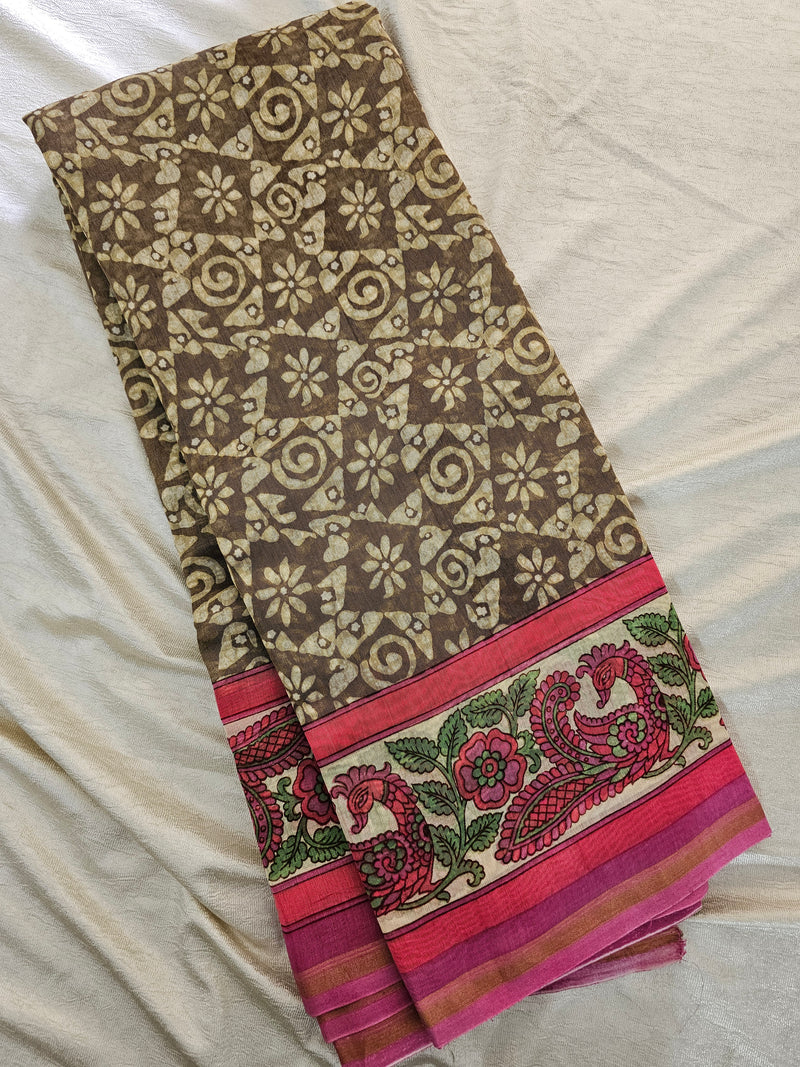 Pure Chanderi Butter Silk - Dark Beige with Pink