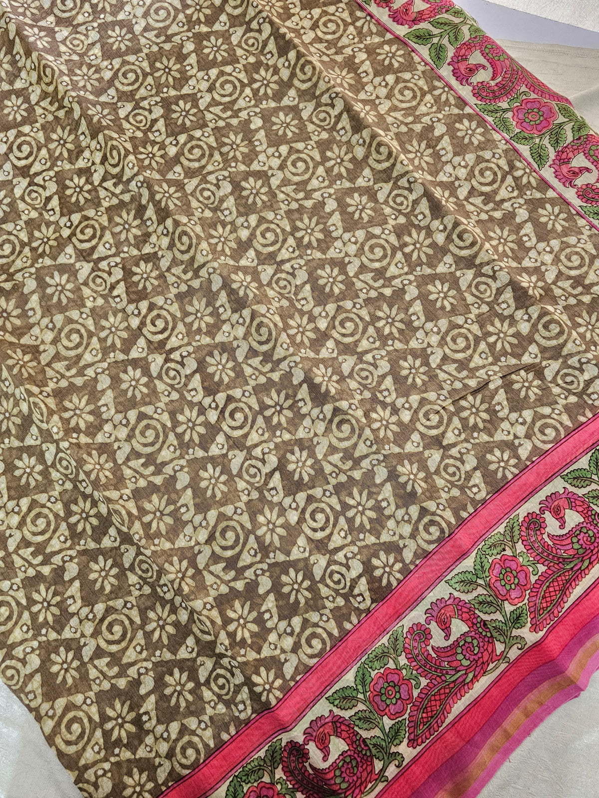 Pure Chanderi Butter Silk - Dark Beige with Pink