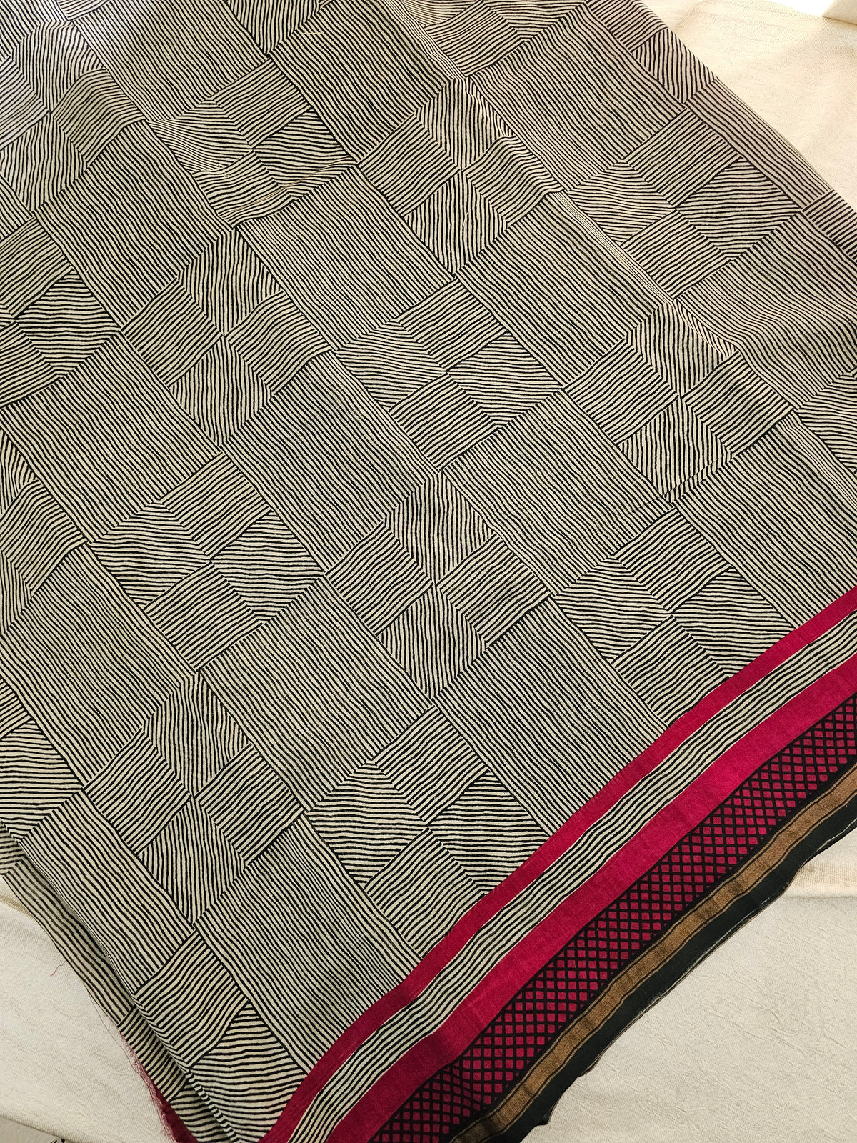 Pure Chanderi Butter Silk - Black with Dark Pink