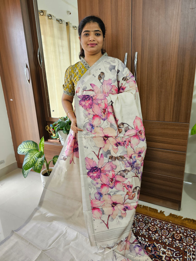 𝐏𝐫𝐞𝐛𝐨𝐨𝐤𝐢𝐧𝐠 - 𝟐𝟎 𝐝𝐚𝐲𝐬 𝐃𝐢𝐬𝐩𝐚𝐭𝐜𝐡𝐢𝐧𝐠 𝐓𝐢𝐦𝐞 Semi Tussar with Digital Printed Saree - Cream with Purple