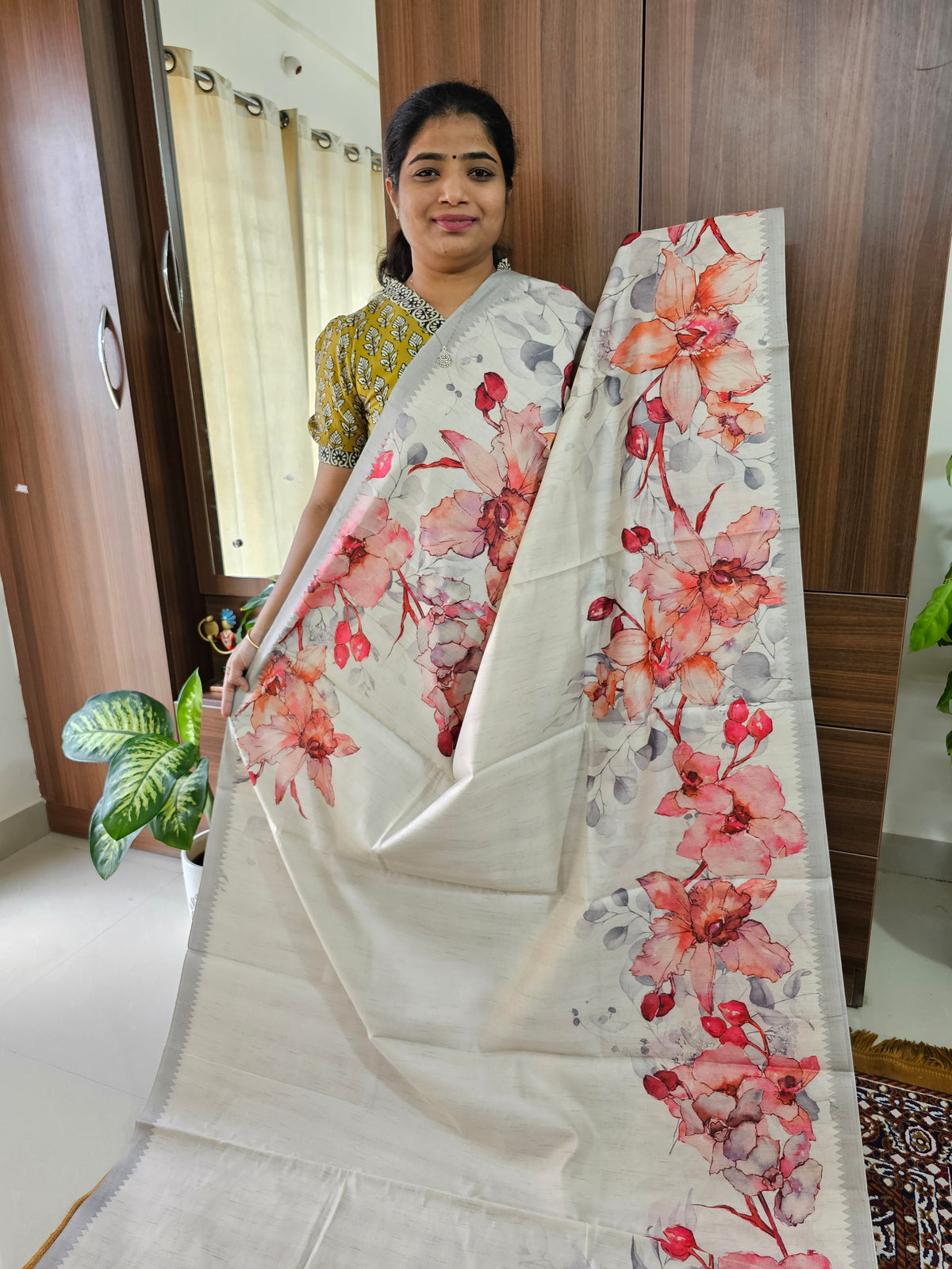 Semi Tussar with Digital Printed Saree - Cream with Orange