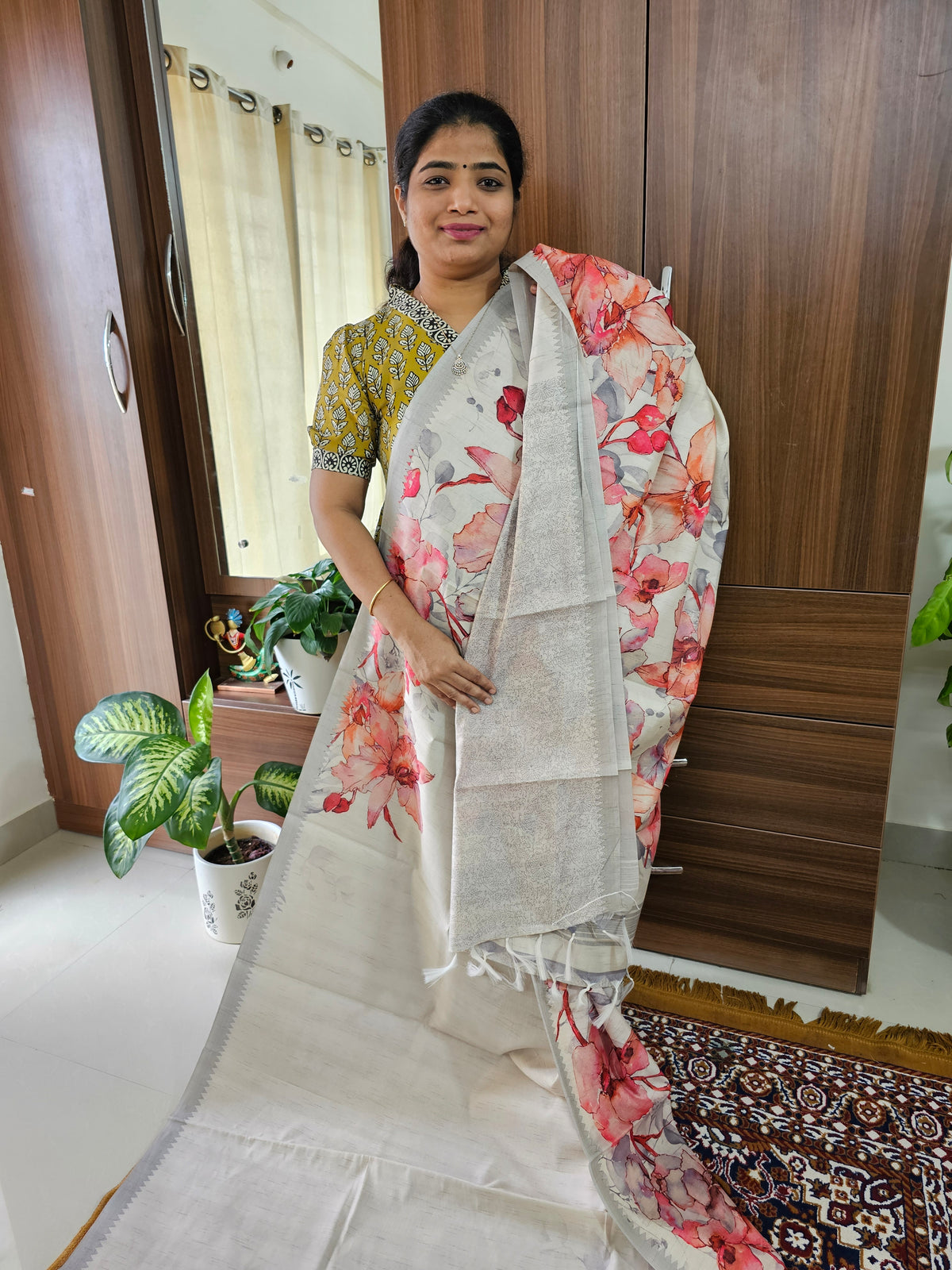 Semi Tussar with Digital Printed Saree - Cream with Orange