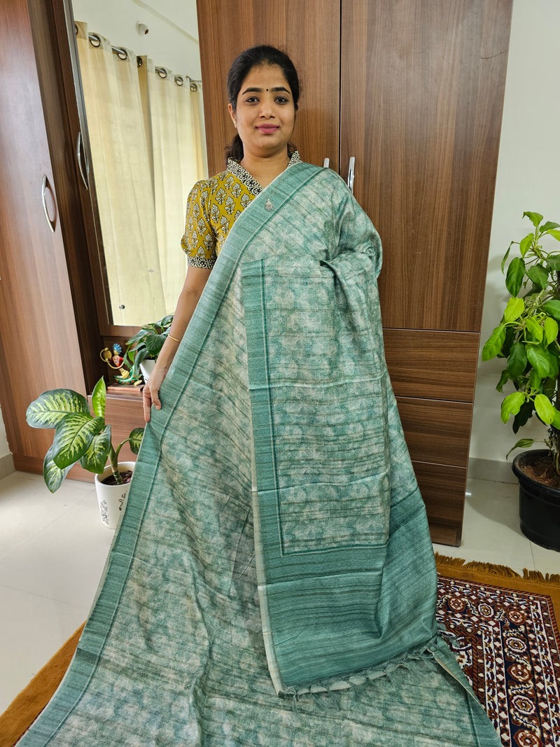 Semi Tussar with Digital Printed Saree - Peacock Green