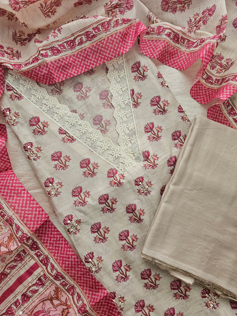 Chanderi with Katha Work Unstitched Salwar Suit - Cream with Pink