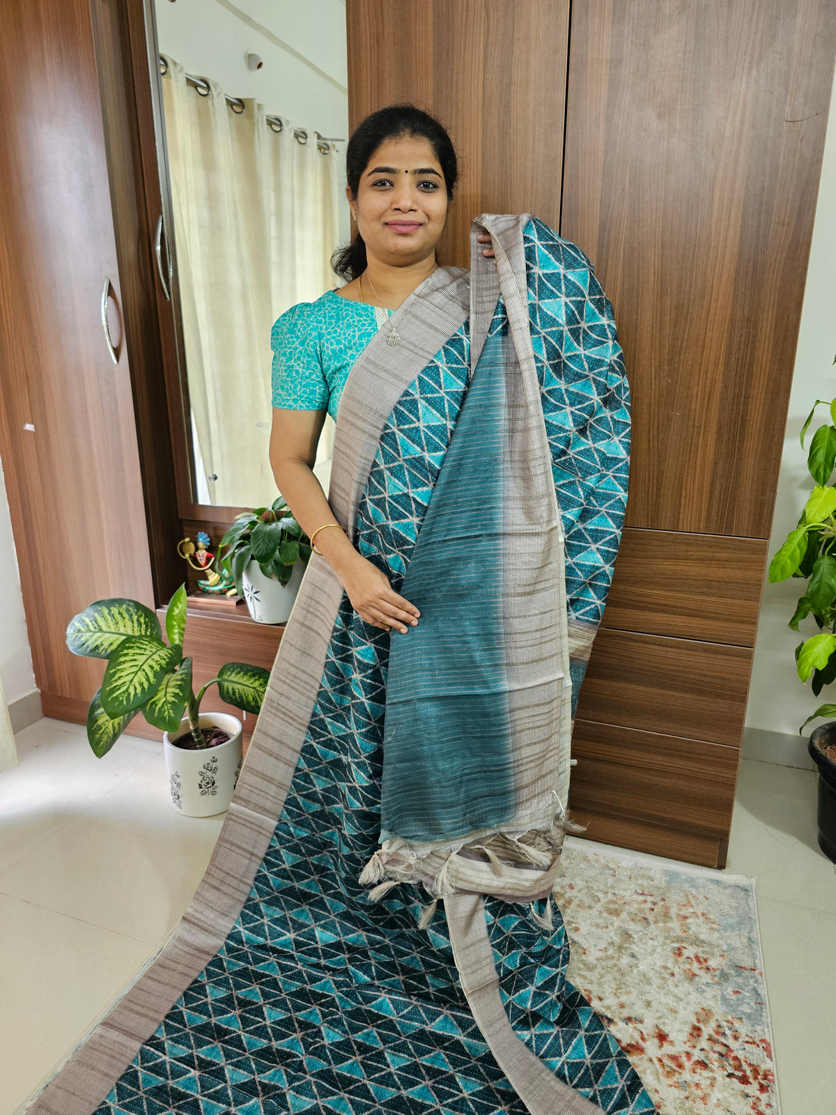 Semi Tussar with Digital Printed Saree - Sea Green