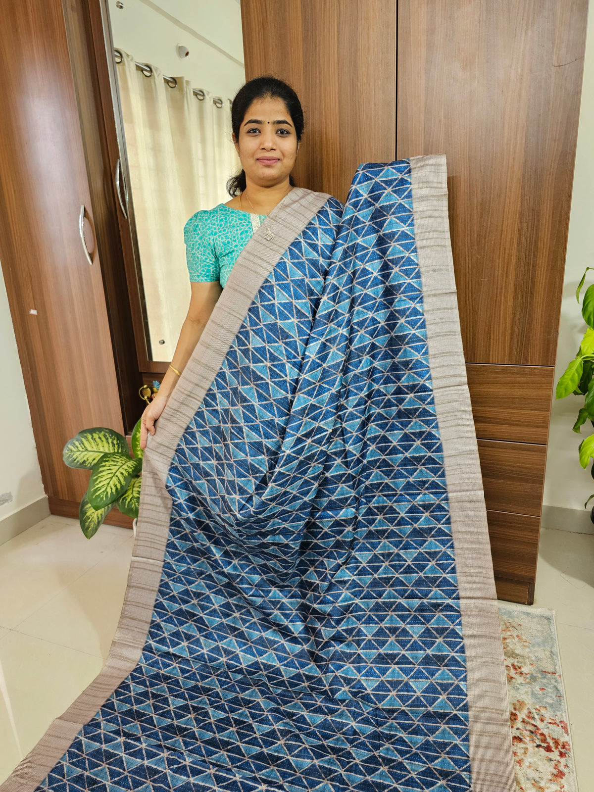 Semi Tussar with Digital Printed Saree - Peacock Blue