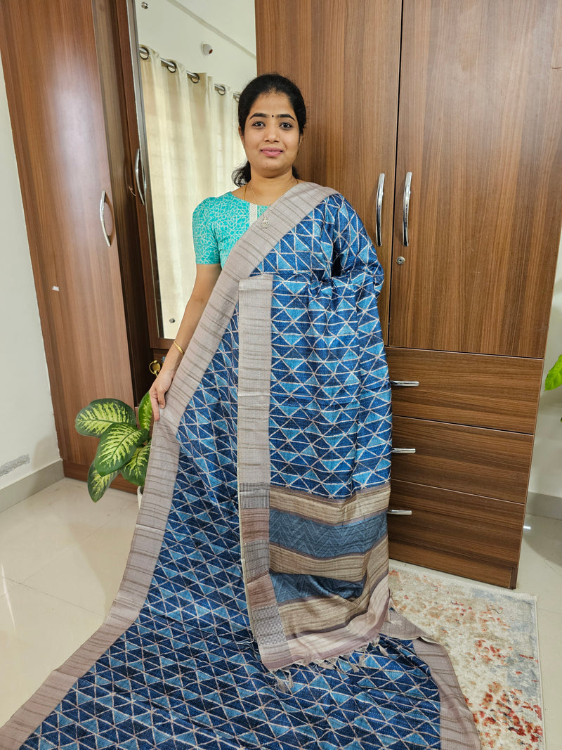 Semi Tussar with Digital Printed Saree - Peacock Blue