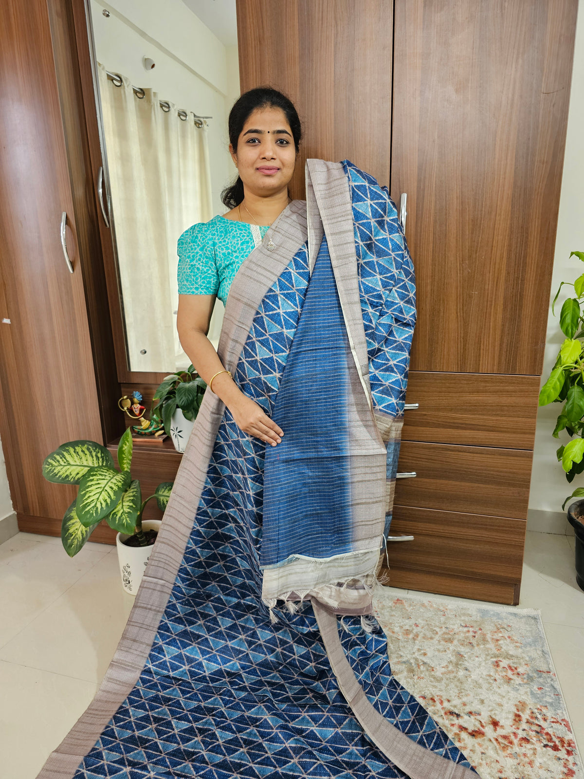 Semi Tussar with Digital Printed Saree - Peacock Blue