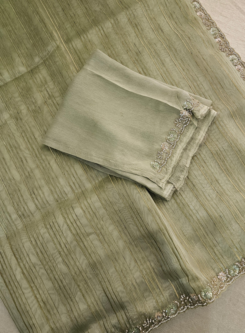 Premium Organza Designer Saree with Stone Work  - Green