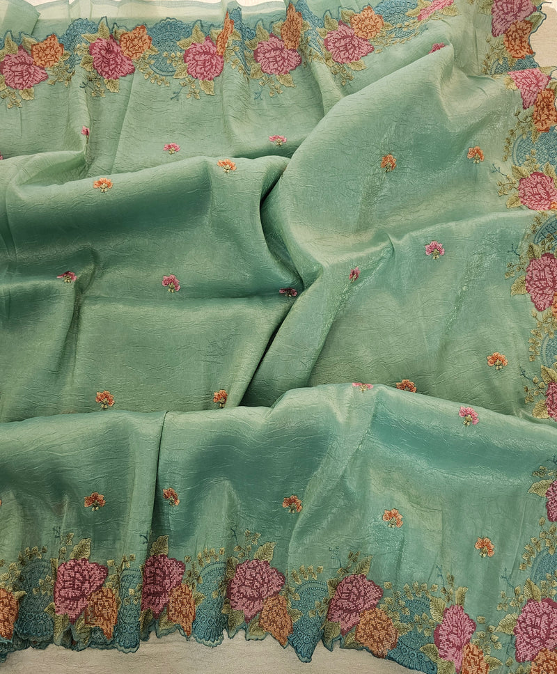 Premium Crushed Designer Soft Saree  - Sea Green