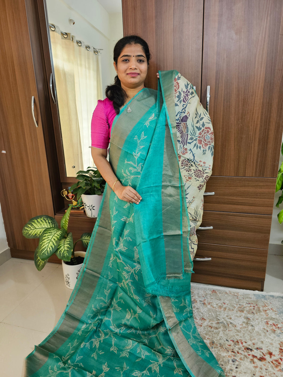 Desi Tussar - Sea Green with Cream