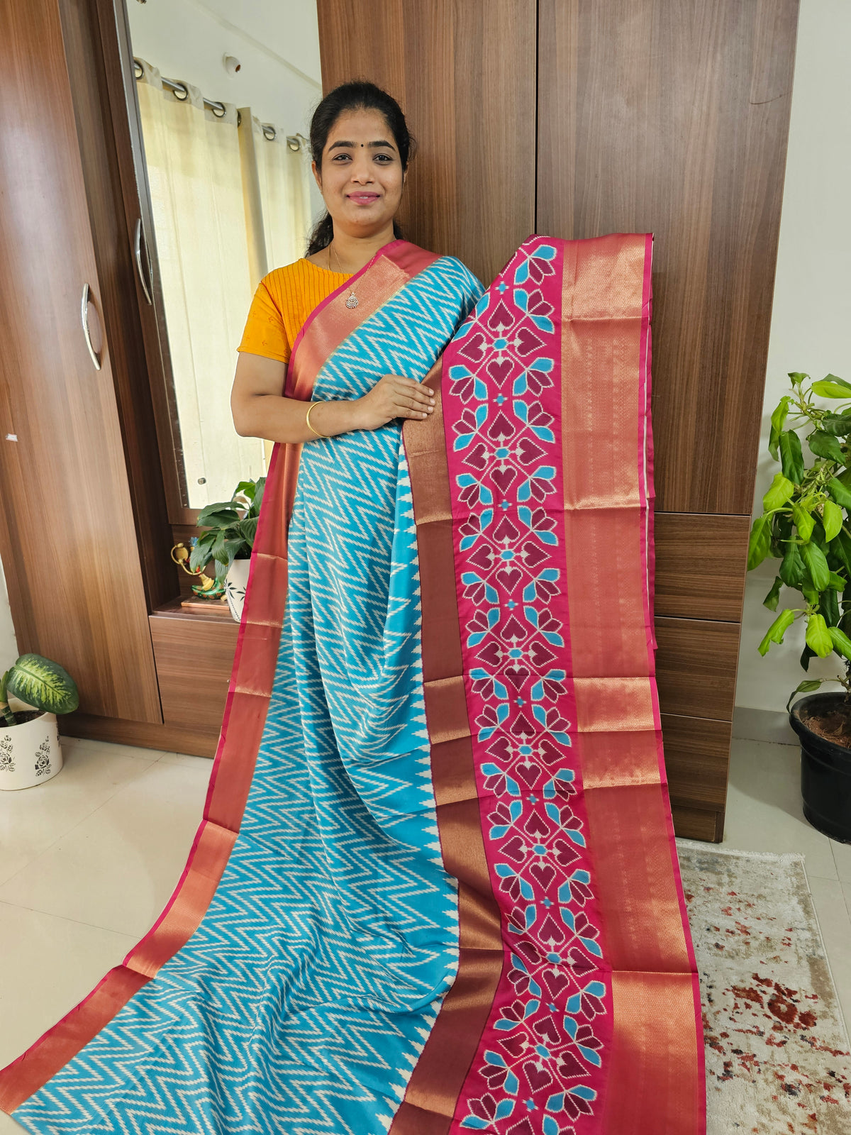 Pochampally Art Silk Saree -Sky Blue with Magenta Pink