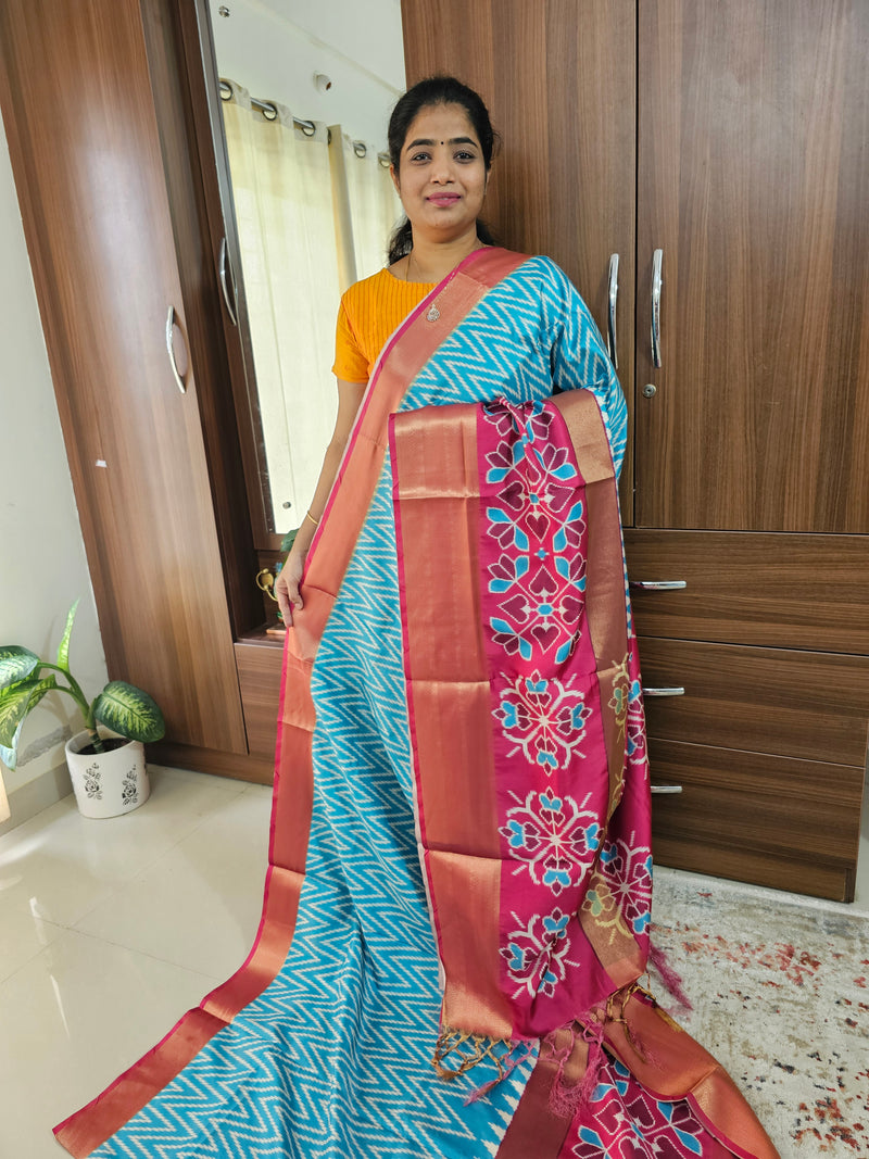 Pochampally Art Silk Saree - Blue with Pink