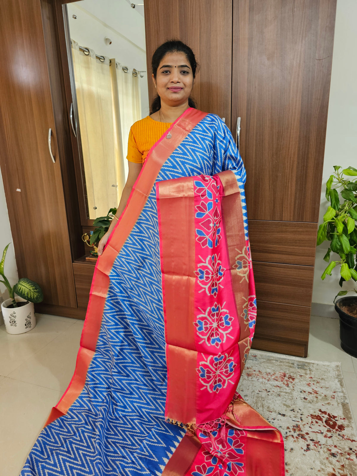 Pochampally Art Silk Saree - Blue with Pink