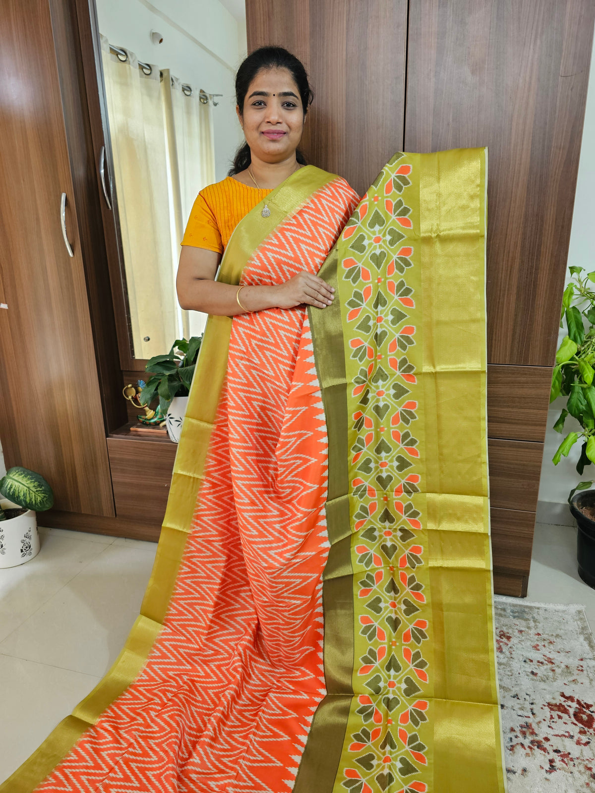 Pochampally Art Silk Saree - Orange with Green