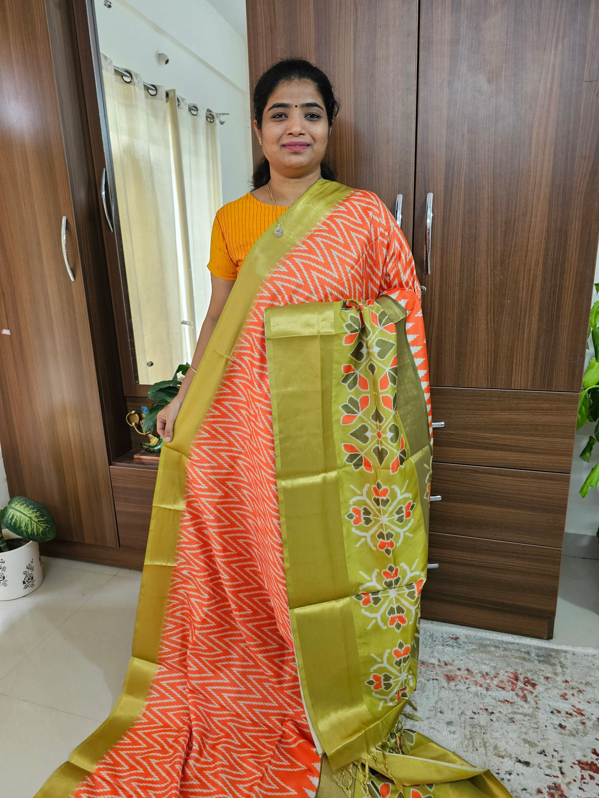 Pochampally Art Silk Saree - Orange with Green