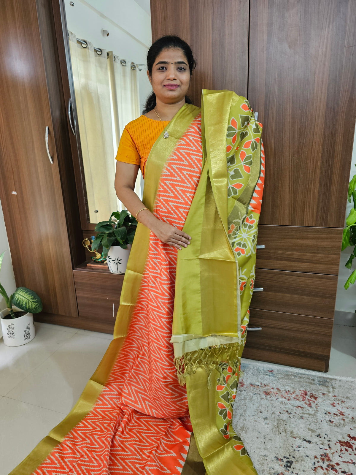 Pochampally Art Silk Saree - Orange with Green