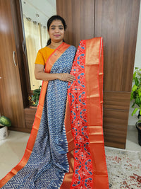 Pochampally Art Silk Saree -Grey with Orange