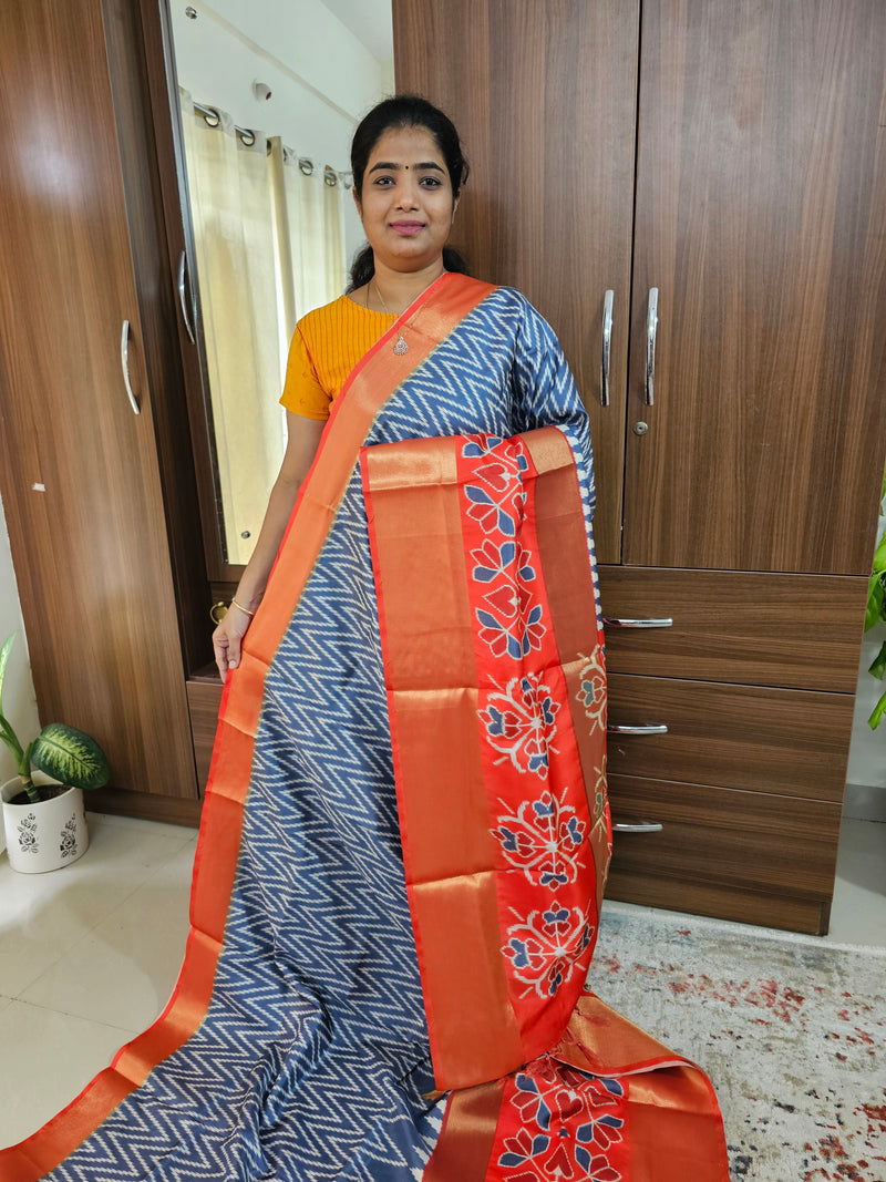 Pochampally Art Silk Saree -Grey with Orange