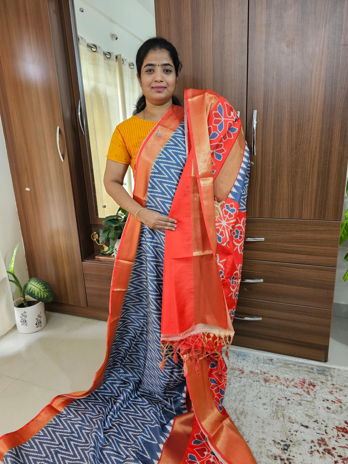 Pochampally Art Silk Saree -Grey with Orange