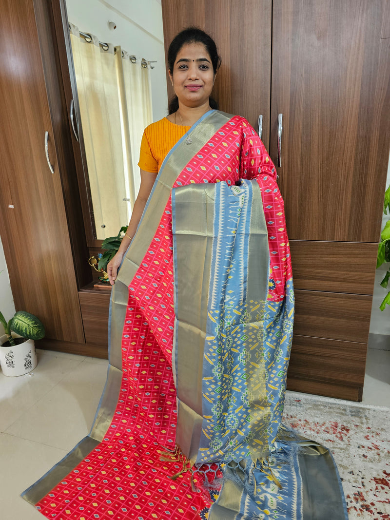 Pochampally Art Silk Saree - Red with Grey