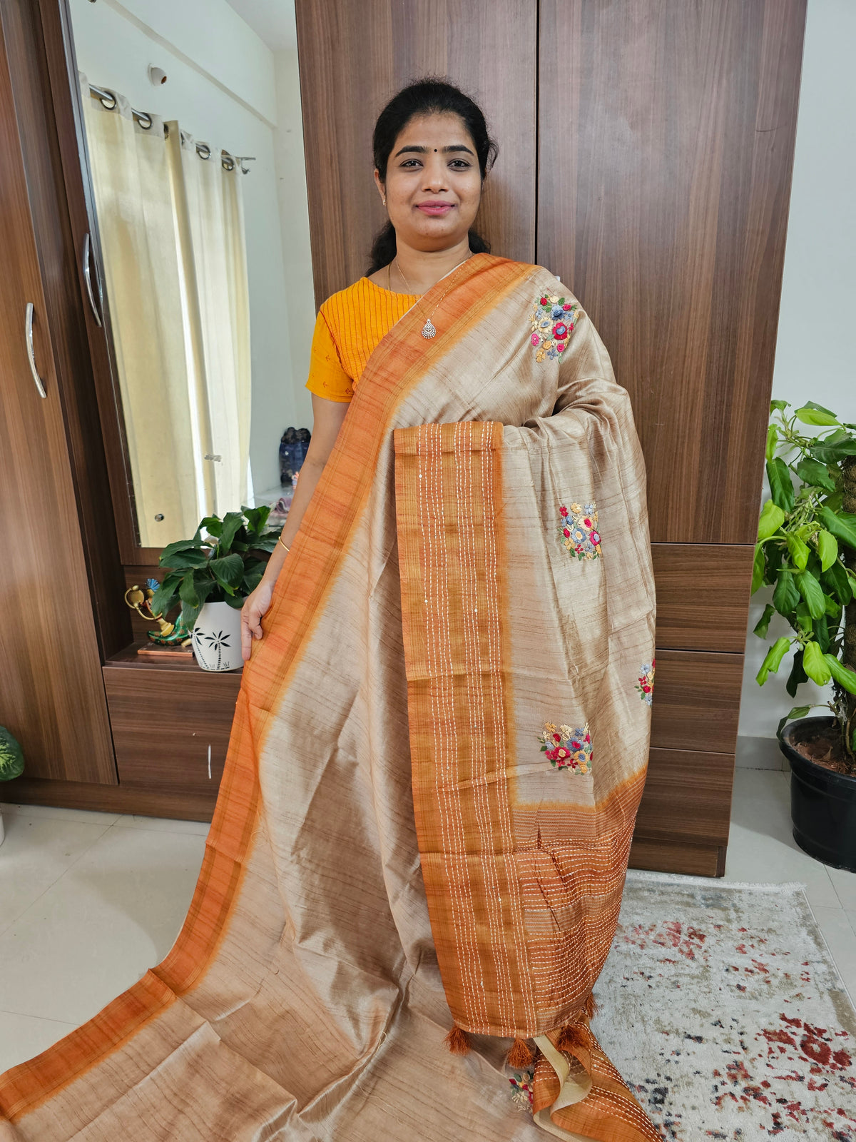 Semi Ghicha with Hand Emboridery Saree - Orange