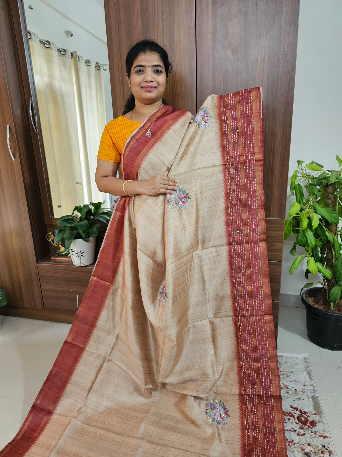 Semi Ghicha with Hand Emboridery Saree - Maroon