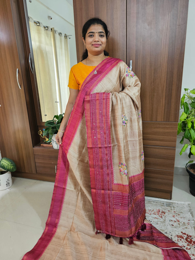 Semi Ghicha with Hand Emboridery Saree - Pink